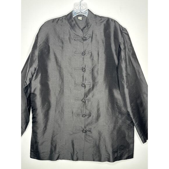 Vintage 100% Thai Silk Jacket Black Mandarin Collar Frog Buttons large - Picture 14 of 14